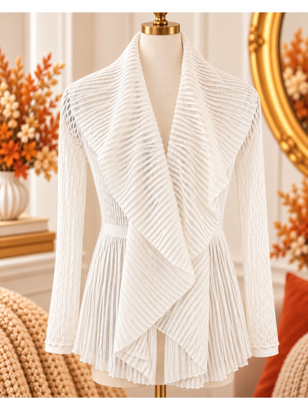 White House Black Market XS Ivory Waterfall Cardigan Ribbed Open Knit Peplum
